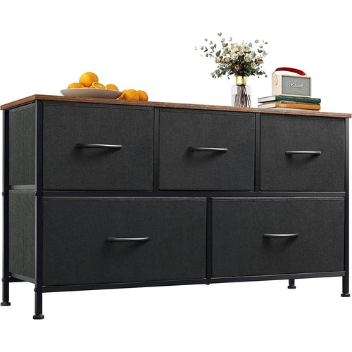 5 Drawer Fabric Dresser With Bins And Wood Top For Bedroom